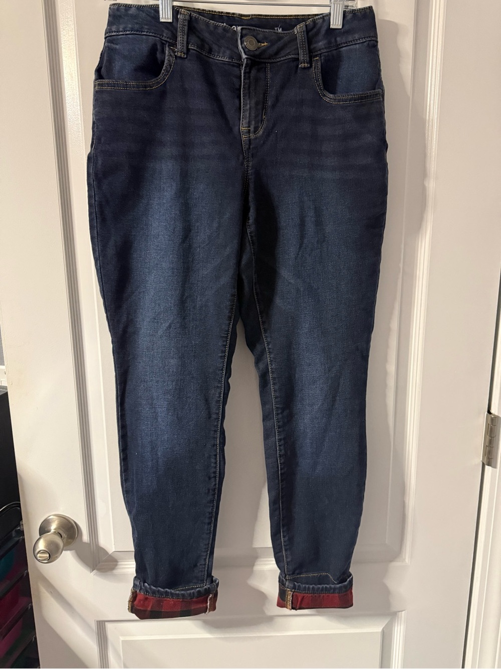 Maurices Dark Blue Cropped Jeans with Red Plaid Cuffs